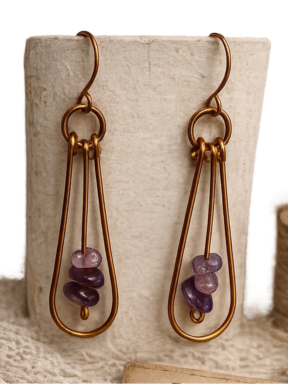 Copper Teardrop Earrings with Amethyst Chip Bead Accents